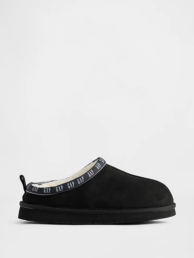 Kids Vegan Suede Sherpa-Lined Logo Slippers