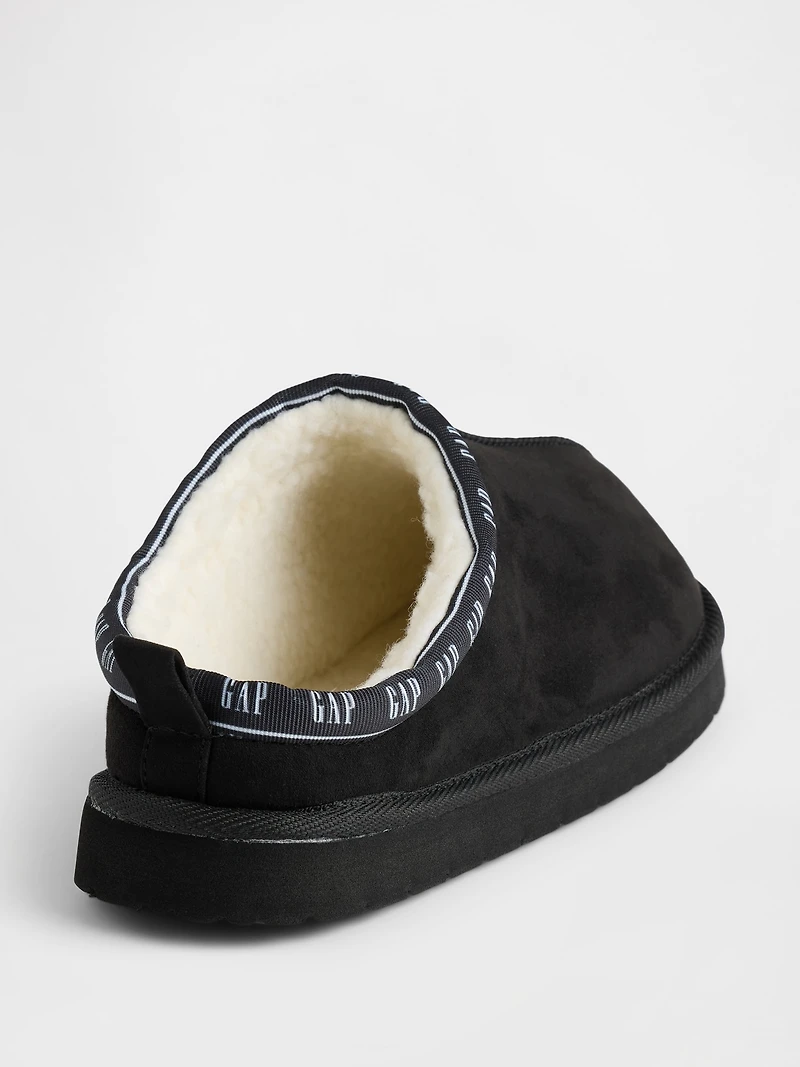 Kids Vegan Suede Sherpa-Lined Logo Slippers