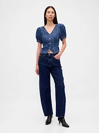 Denim Puff-Sleeve Seamed Top