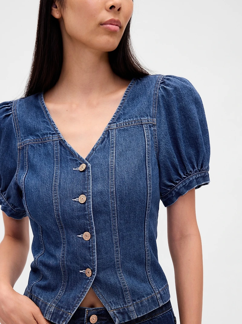 Denim Puff-Sleeve Seamed Top