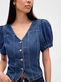 Denim Puff-Sleeve Seamed Top