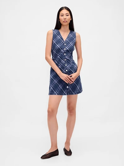 Plaid Denim V-Neck Mini Dress