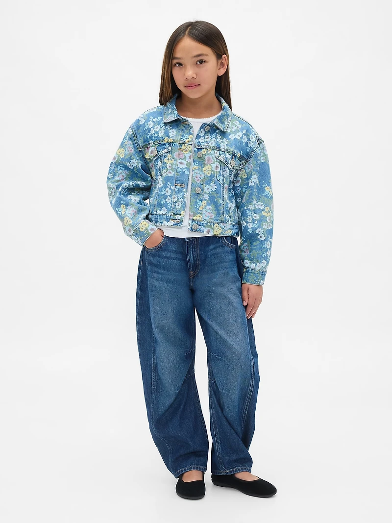 Kids Balloon-Sleeve Floral Denim Jacket