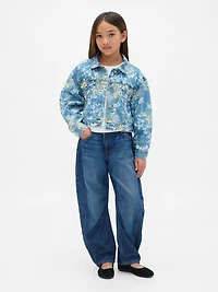 Kids Balloon-Sleeve Floral Denim Jacket