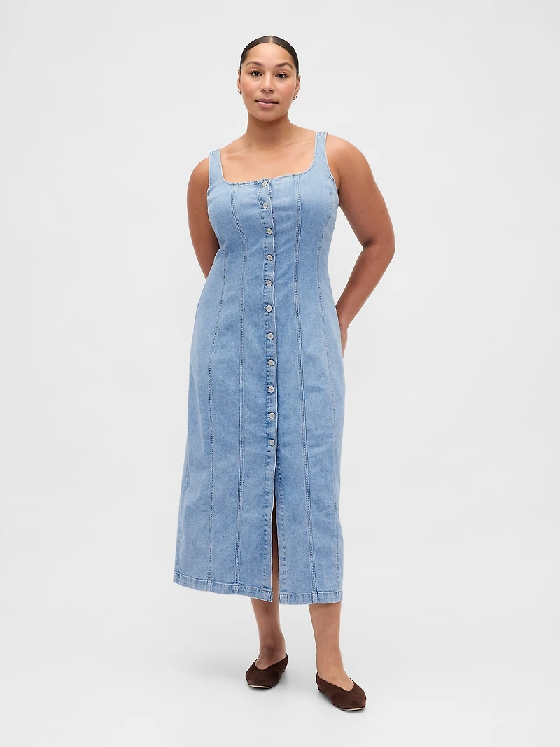 Denim Seamed Button-Front Maxi Dress
