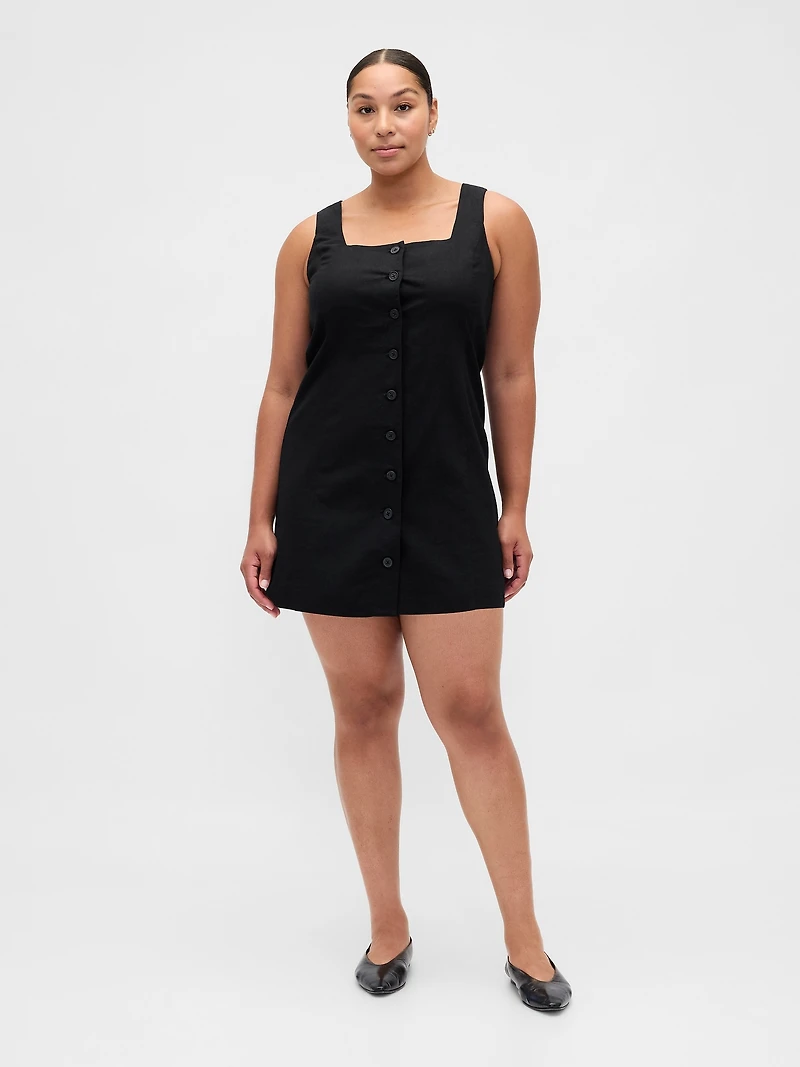 Linen-Blend Button-Front Mini Dress