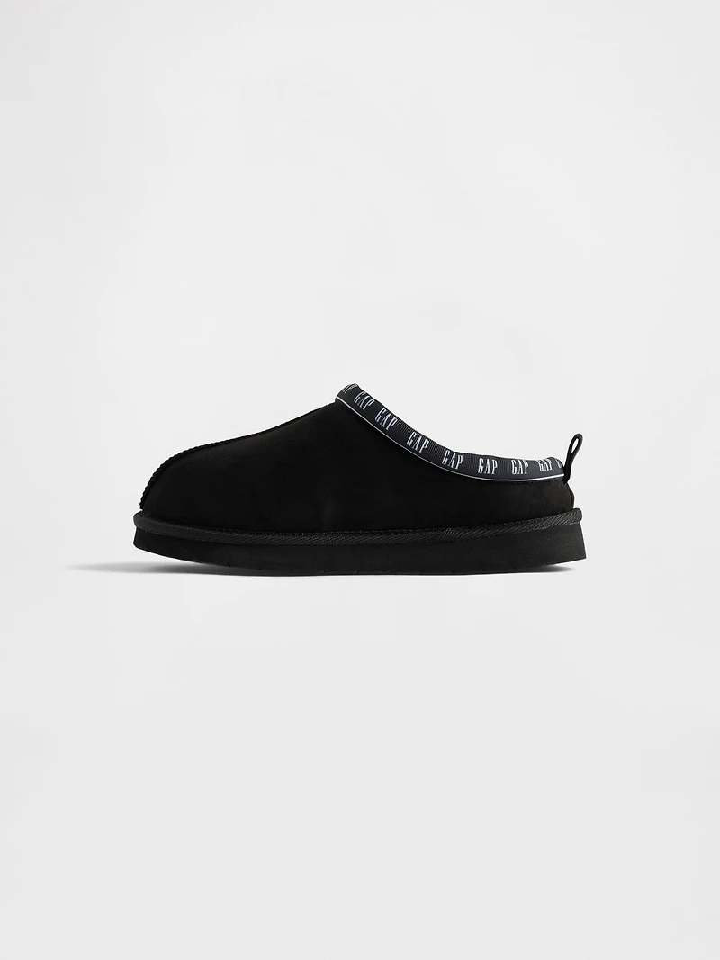Kids Vegan Suede Sherpa-Lined Logo Slippers