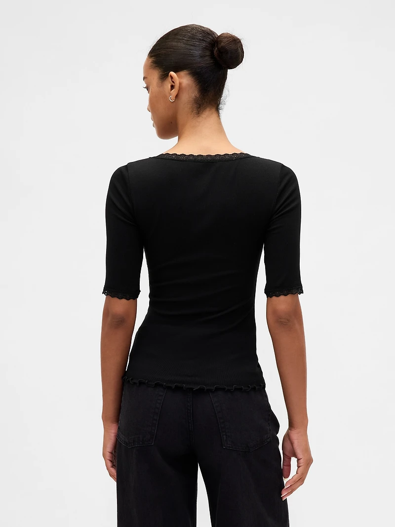 Modal Rib Lace-Trim Square-Neck T-Shirt