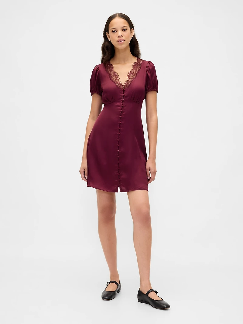 Satin Lace-Trim V-Neck Mini Dress