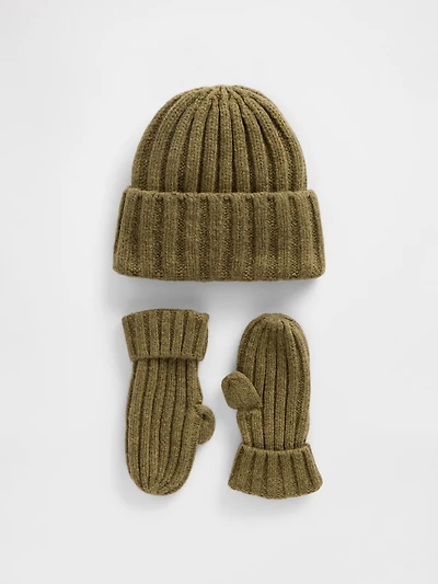 Ensemble de bonnet et mitaines en ticot côtelé Effet cachemire pour Bébé Tout-petit