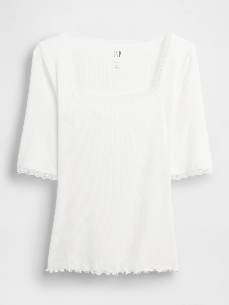 Modal Rib Lace-Trim Square-Neck T-Shirt