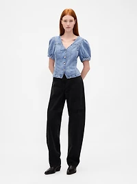 Denim Puff-Sleeve Seamed Top