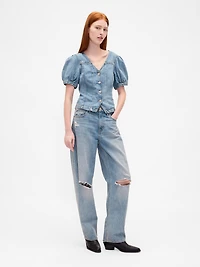 Denim Puff-Sleeve Seamed Top