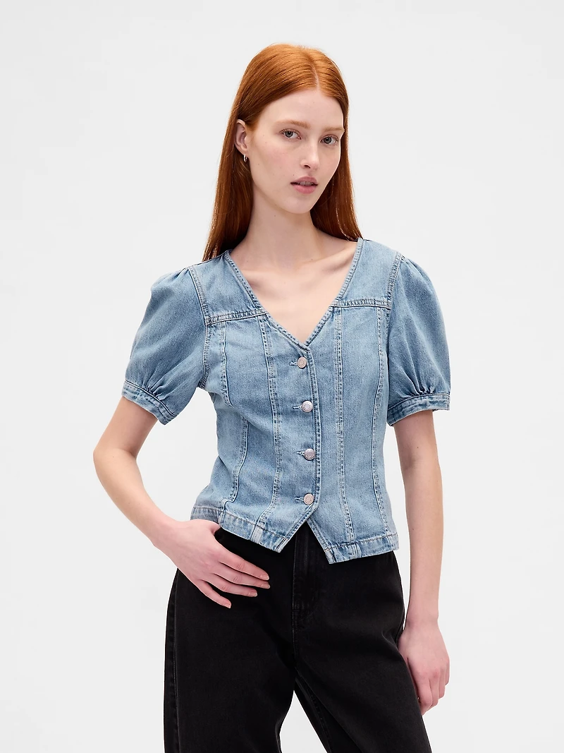 Denim Puff-Sleeve Seamed Top