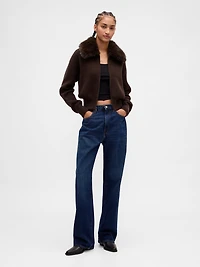 CashSoft Faux-Fur Collar Zip Cardigan Sweater