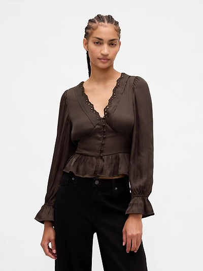 Eyelet V-Neck Peplum Top