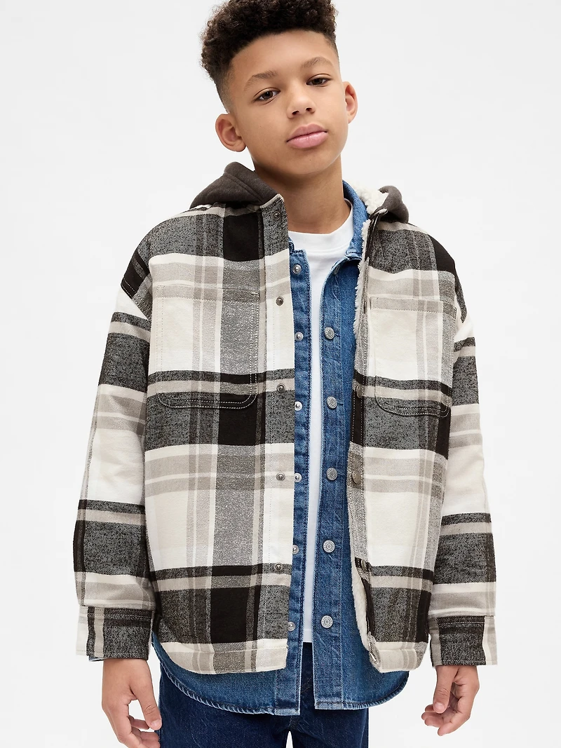 Kids Sherpa-Lined Hooded Flannel Shirt Jacket