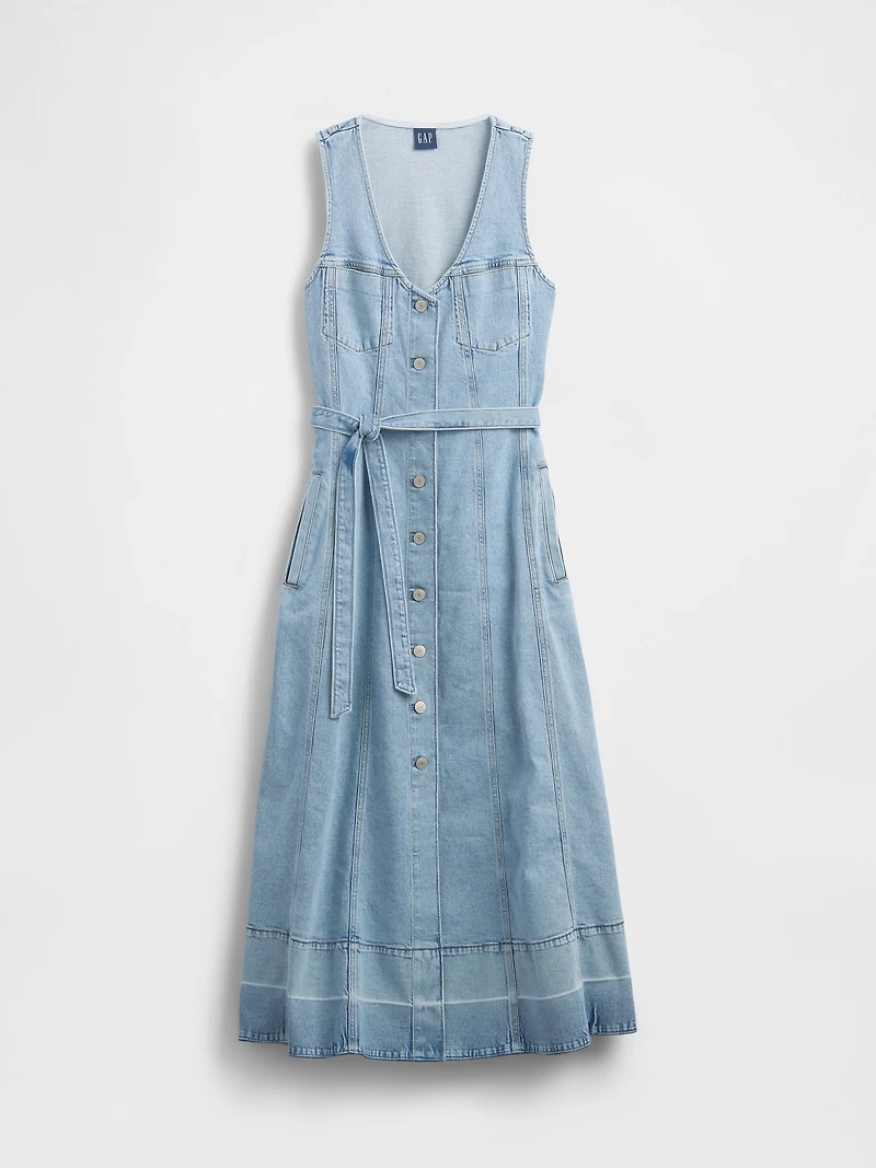 Denim Belted Button-Front Maxi Dress