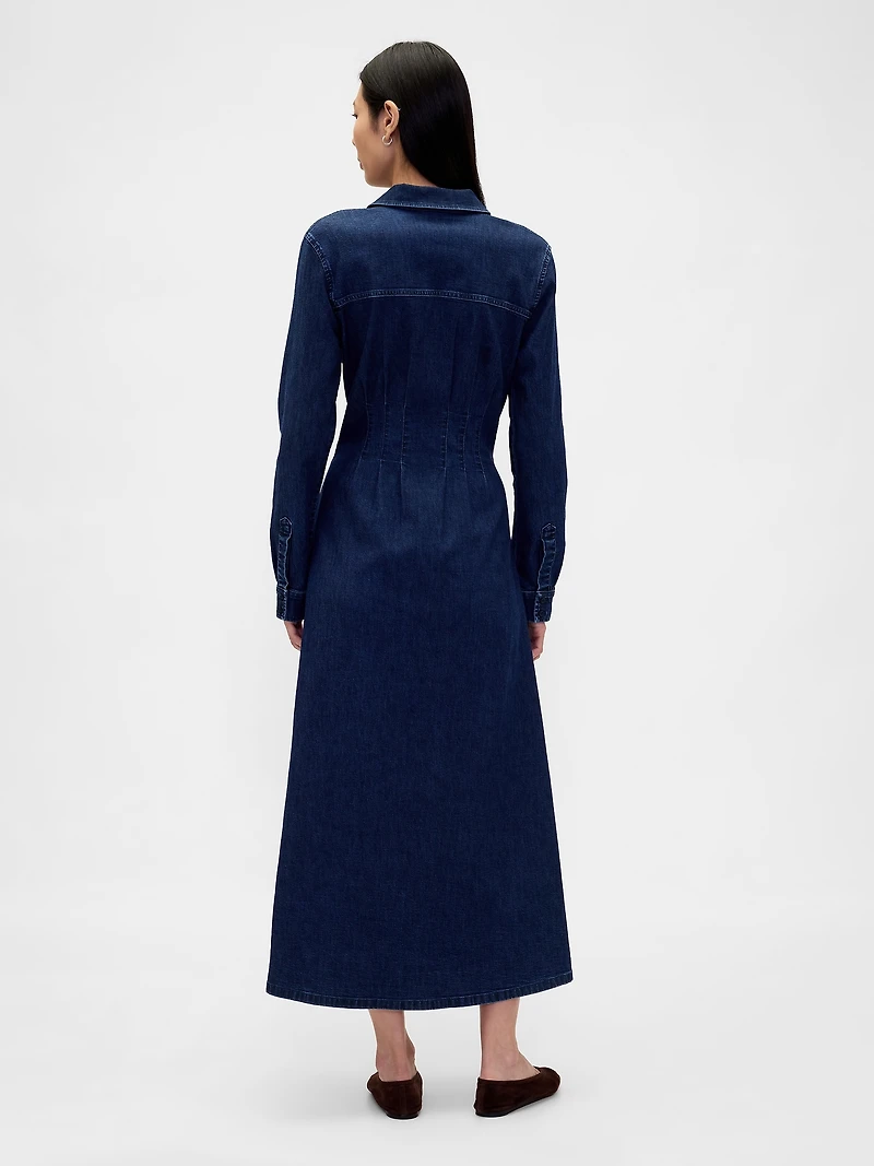 Denim Pintuck Button-Front Maxi Dress