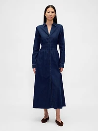 Denim Pintuck Button-Front Maxi Dress