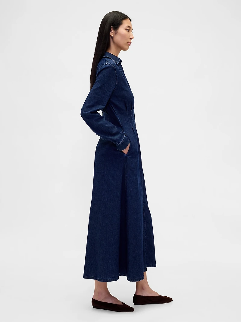 Denim Pintuck Button-Front Maxi Dress