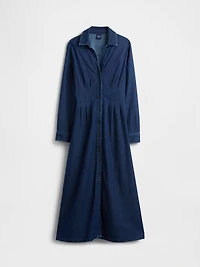 Denim Pintuck Button-Front Maxi Dress