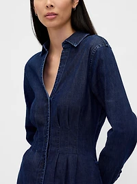 Denim Pintuck Button-Front Maxi Dress