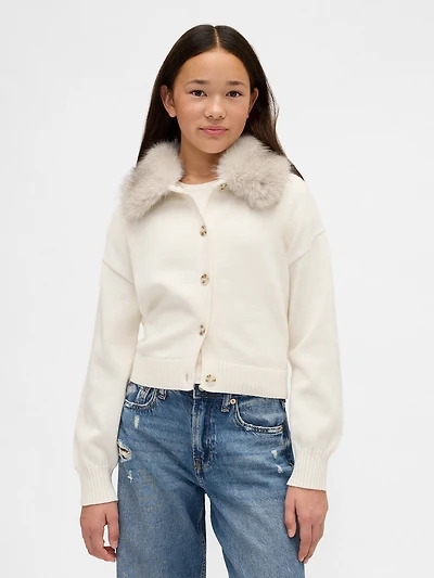 Kids Faux Fur-Collar Cardigan Sweater
