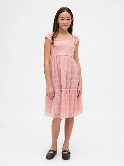 Kids Mesh Ruffle Cap-Sleeve Dress