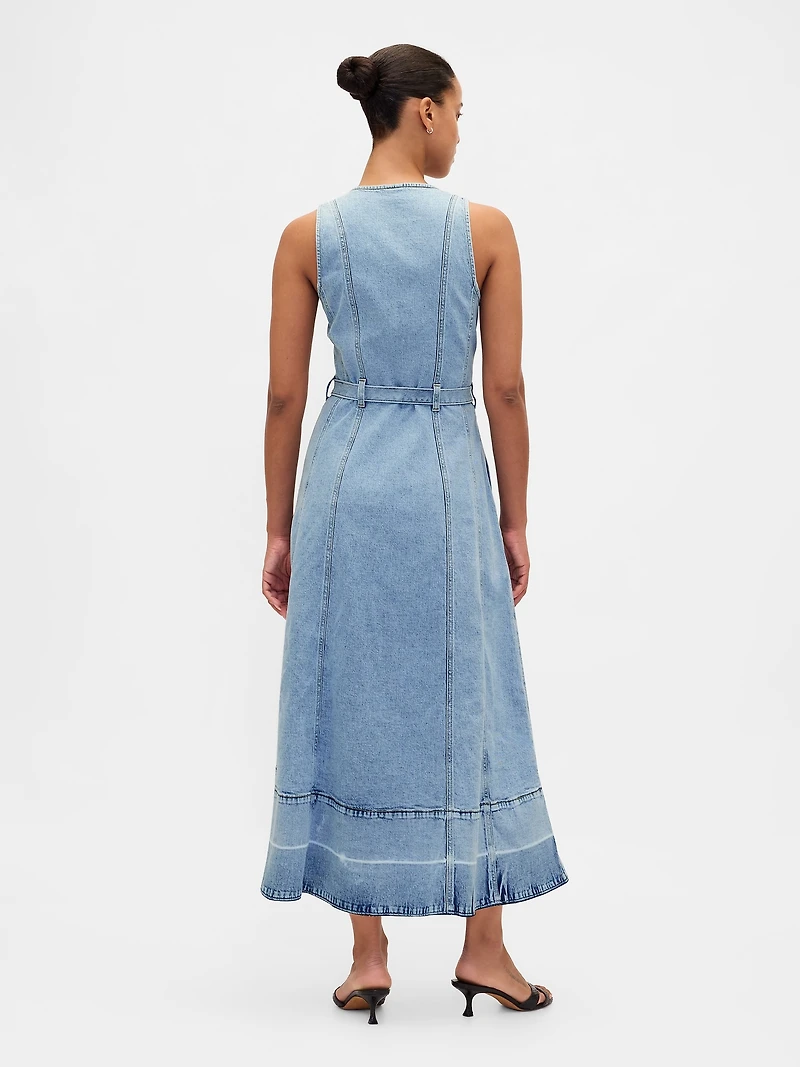 Denim Belted Button-Front Maxi Dress