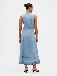 Denim Belted Button-Front Maxi Dress