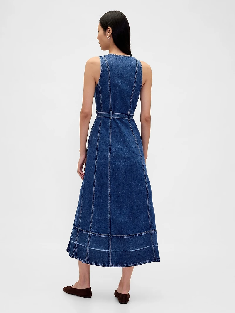 Denim Belted Button-Front Maxi Dress