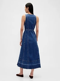 Denim Belted Button-Front Maxi Dress
