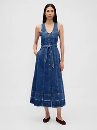 Denim Belted Button-Front Maxi Dress