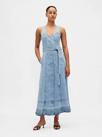 Denim Belted Button-Front Maxi Dress