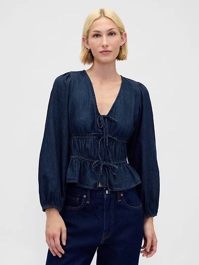 Denim Tie-Front Crop Shirt