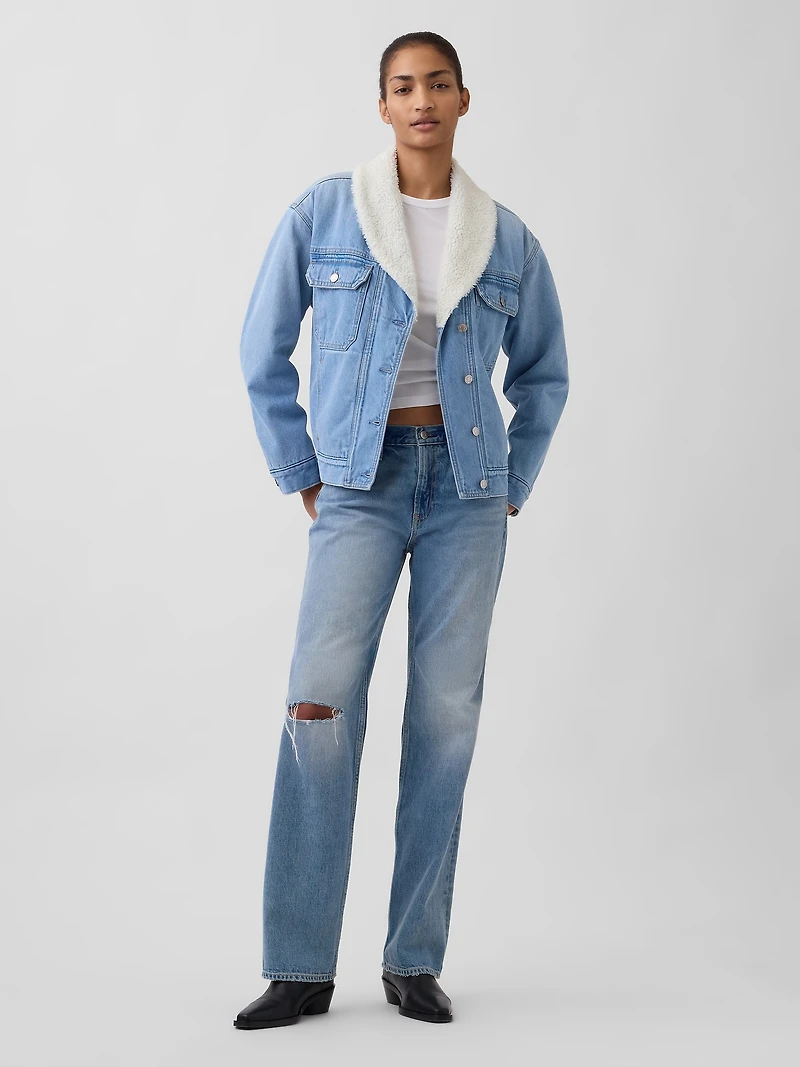 Sherpa-Lined Shawl Denim Jacket
