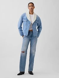 Sherpa-Lined Shawl Denim Jacket