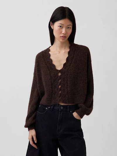 Fuzzy Pointelle Scalloped Crop Cardigan