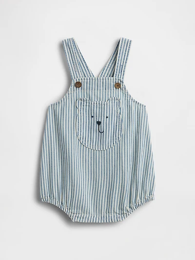 Baby Denim Stripe Bear Pocket Bubble Bodysuit