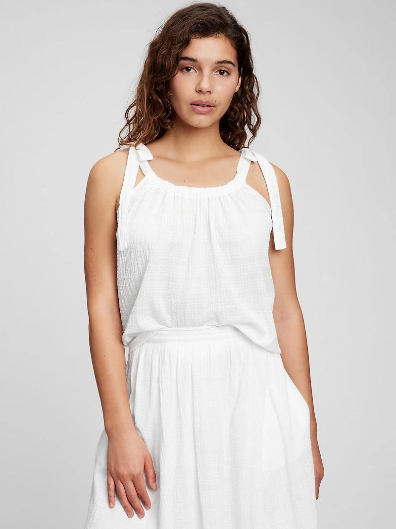 Crinkle Gauze Tie-Shoulder Tank Top
