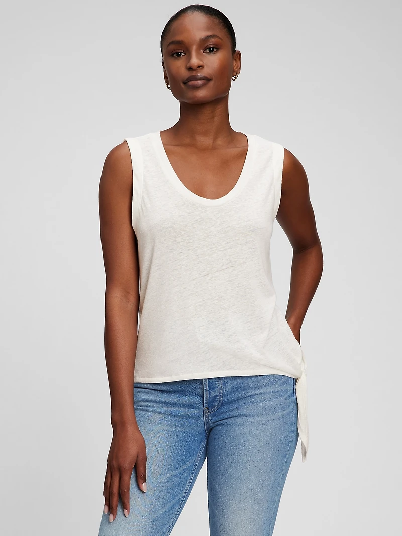 Linen Blend Side Tie Sleeveless T-Shirt