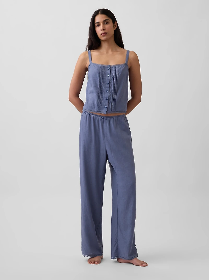 Linen-Blend Pintuck Crop PJ Tank Top