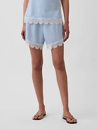 4" Mid Rise Linen-Blend Lace-Trim Shorts