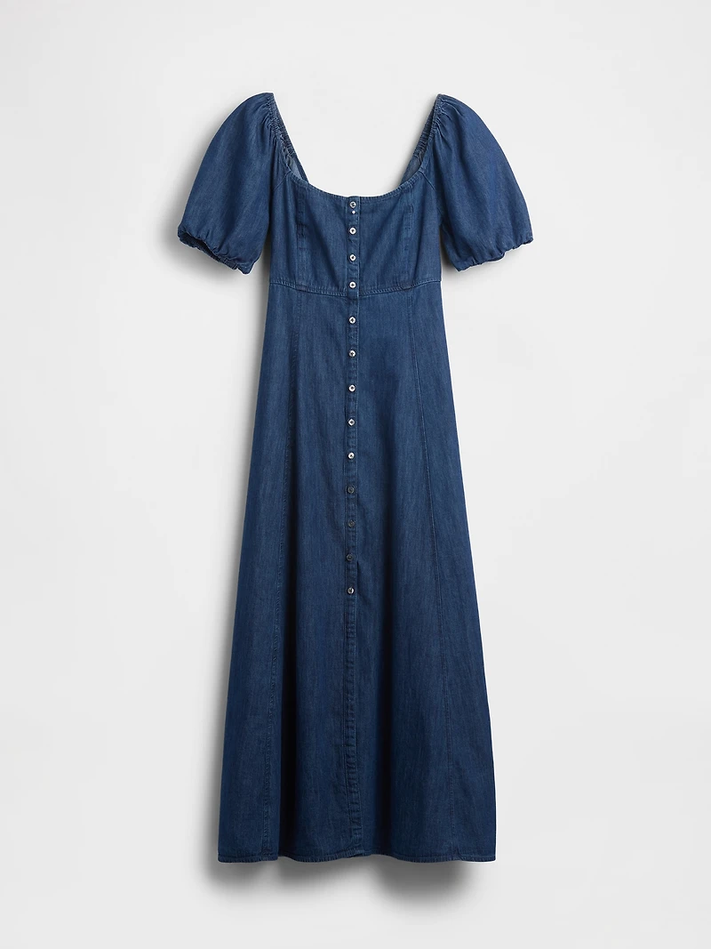 Denim Puff-Sleeve Button-Front Maxi Dress