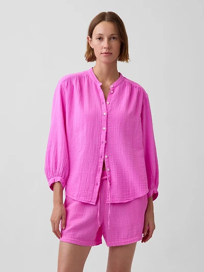Cotton Gauze Oversized Collarless Shirt
