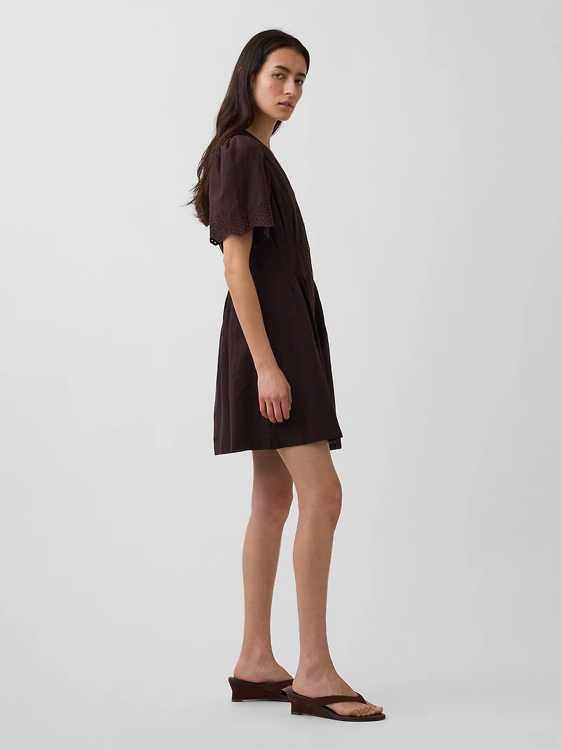 Linen-Blend Cinched Mini Shirtdress
