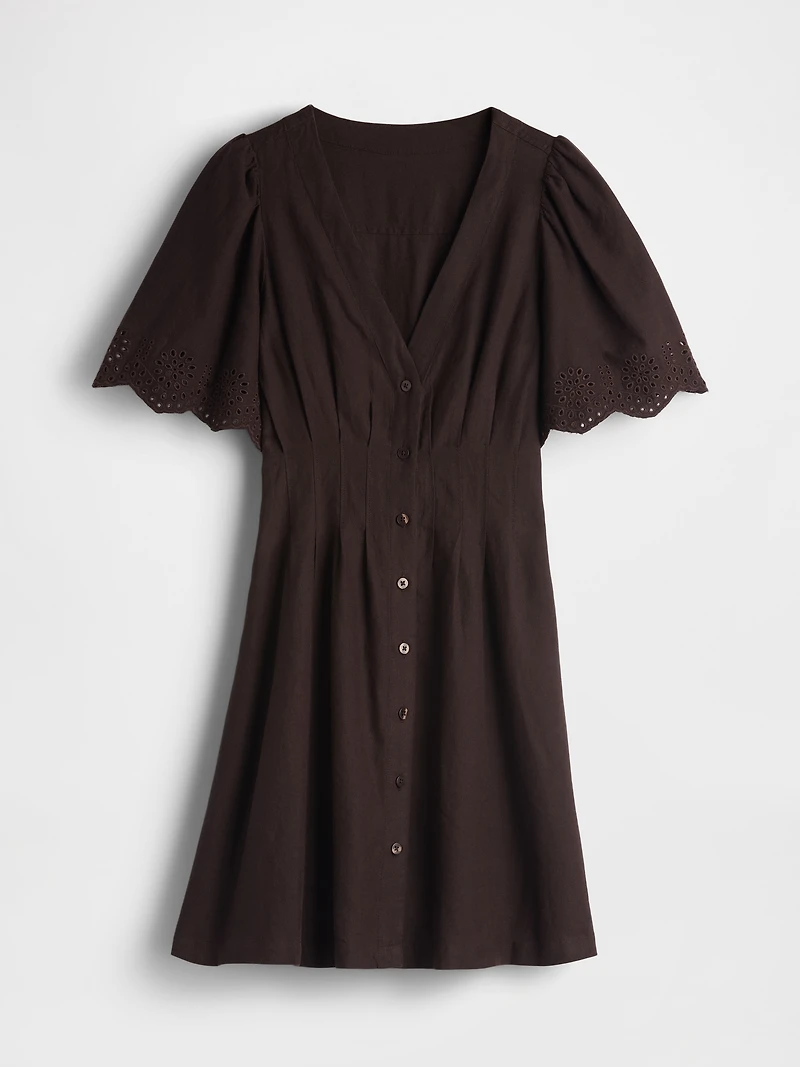 Linen-Blend Cinched Mini Shirtdress
