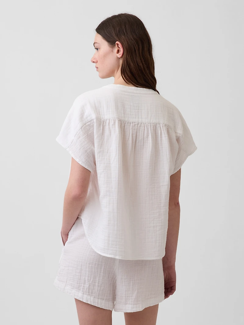 Cotton Gauze Oversized Split-Neck Top