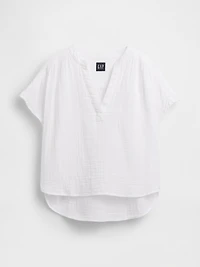 Cotton Gauze Oversized Split-Neck Top
